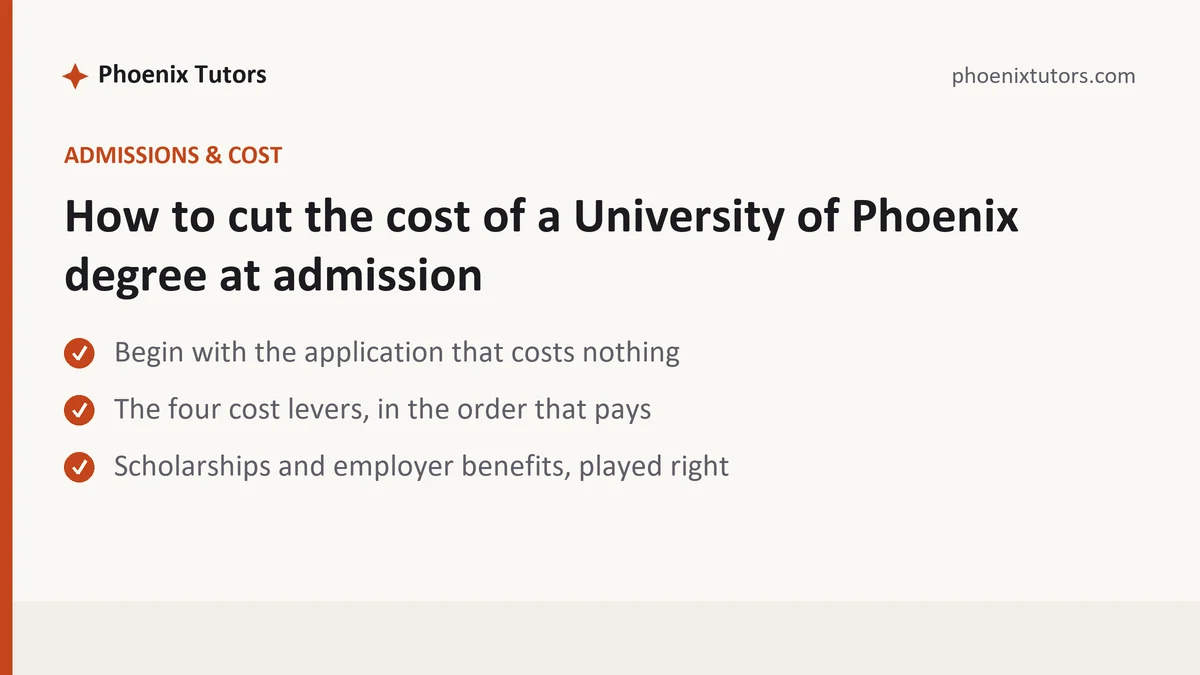 How to cut the cost of a University of Phoenix degree at admission, a University of Phoenix student guide, from Phoenix Tutorship