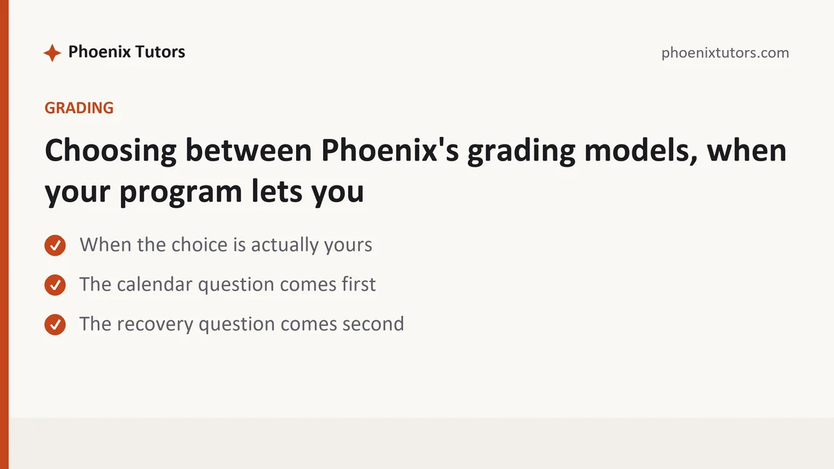 Choosing between Phoenix's grading models, when your program lets you, a University of Phoenix student guide, from Phoenix Tutorship